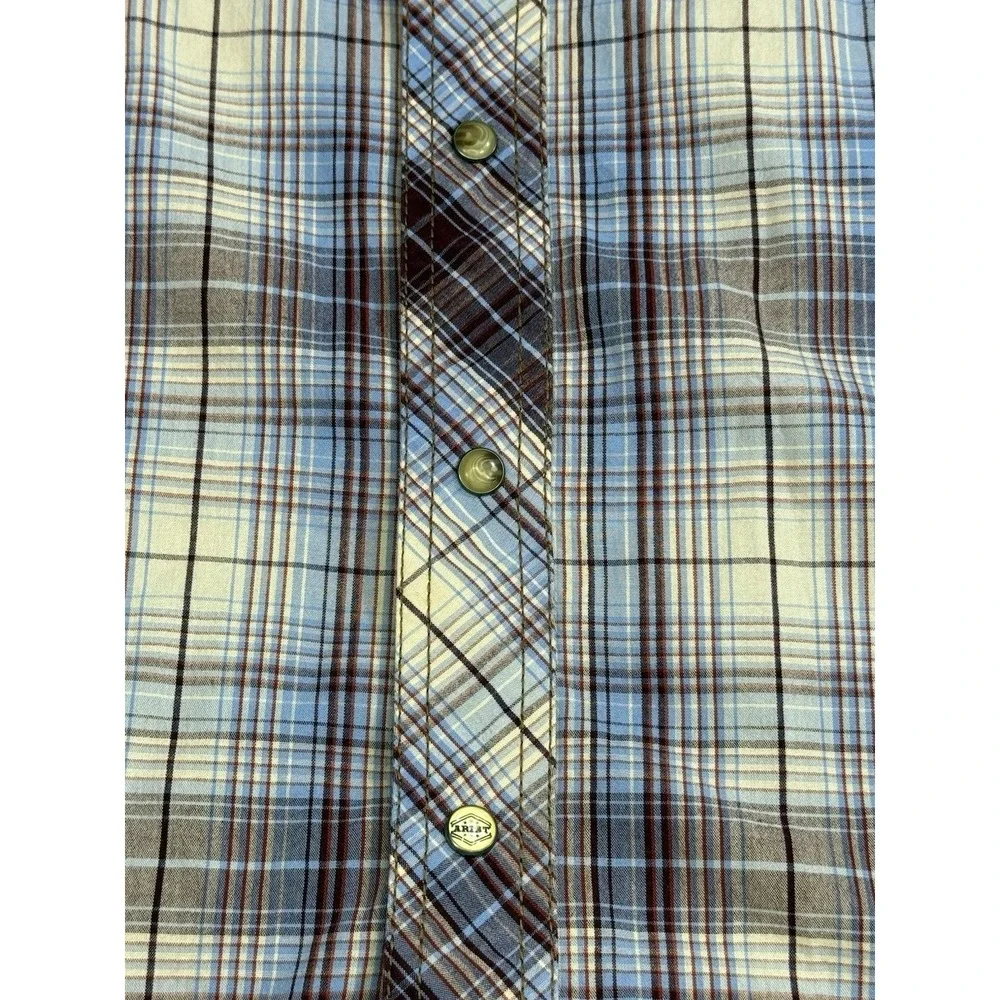 Ariat Retro Fit Pearl Snap Button Mens XL Purple Black Plaid Short Sleeve‎